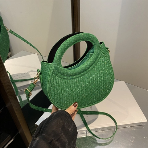 Borsa a Spalla Mezzaluna con Glitter da Donna Manico Rotondo Paillettes Hobo Borsa con Tracolla Rimovibile per Feste