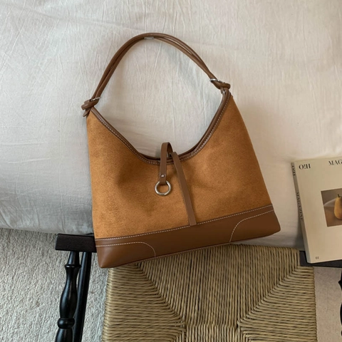 Borsa a Spalla da Donna Vintage in Camoscio con Cuciture a Contrasto Hobo Tote di Grande Capacità con Anello in Metallo