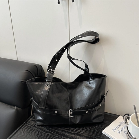 Bolso Tote de Cuero de PU Mujer Vintage Urbano Simple Bolso de Hombro Hebilla de Cinturón Ojetes Gran Capacidad Viaje Diario Casual