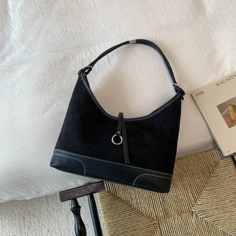 Women Suede PU Leather Splicing Shoulder Bag Large Capacity Minimalist Retro Hobo Bag For Daily Office Commute