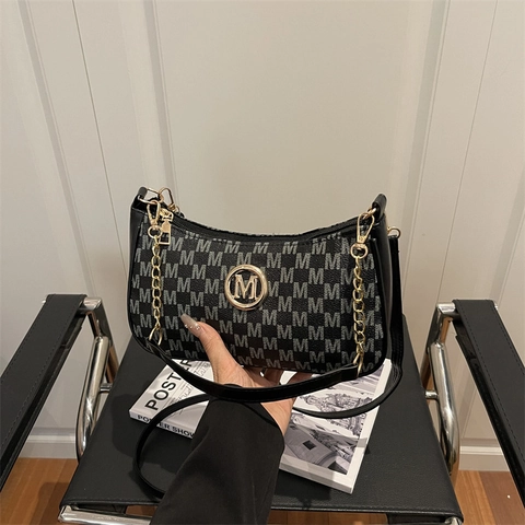 Fashion Women Monogram Letter Print Underarm Bag PU Leather Shoulder Bag With Gold M Logo Metal Chain Link Small Square Bag