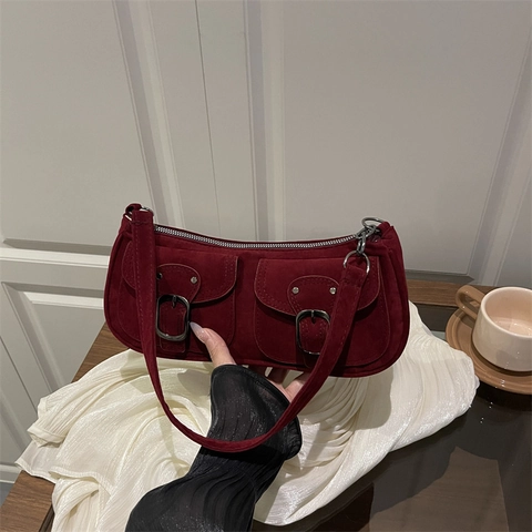 Klassische Unterarmtasche Aus Wildleder Für Damen Retro Moto Stil Doppelte Vordertaschen Metallschnalle Schultertasche