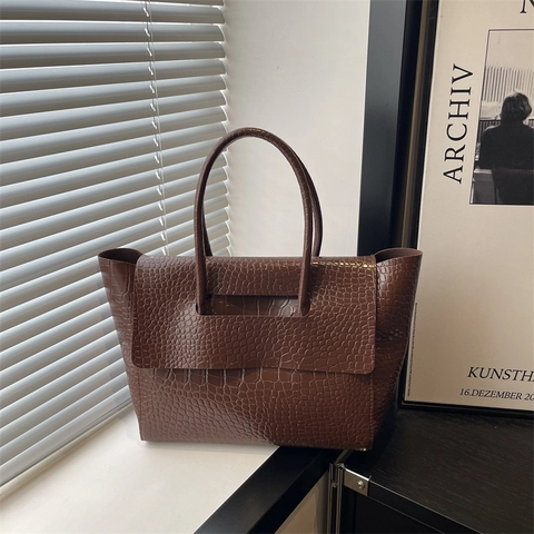 Bolso de Mano para Mujer de Cuero de PU con Patrón de Cocodrilo Gran Capacidad Bolso de Hombro Vintage para Conmutar Minimalista Urbano Bolso con Solapa