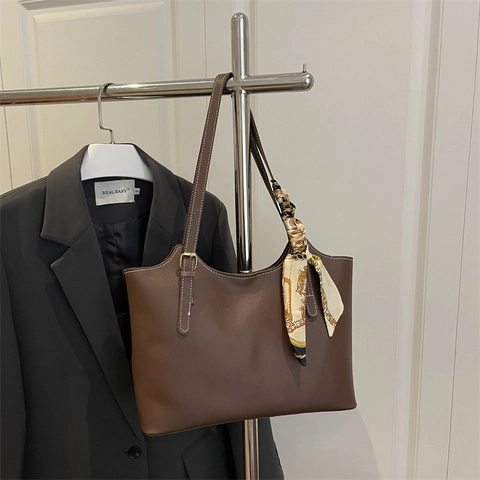 Damen Große Kapazität PU Leder Tragetasche Mit Satinschal Kontrastnaht Minimalistische Büro Schultertasche Täglich Pendeln