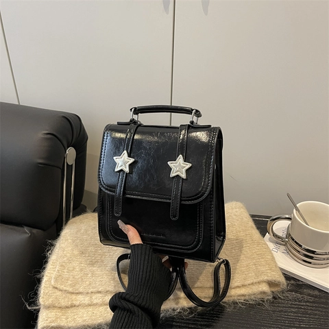 Koreaanse Mode PU-Leren Mini Rugzak Voor Dames Sterrendecor Kleine Vierkante Crossbodytas Minimalistische Glanzende Schoudertas