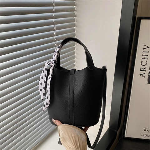 Sac Seau Minimaliste en Cuir PU pour Femmes Avec Foulard en Satin Motif Litchi Sac à Bandoulière pour le Bureau