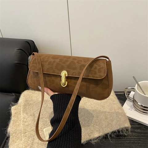 Leopard Print Underarm Bag For Women Vintage Suede Faux Leather Shoulder Bag With Gold Clasp Small Square Baguette Bag