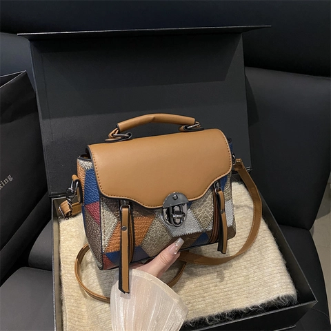 Bolso de Mano de Patchwork de Cuero PU Vintage para Mujer Bloque de Color Geométrico Bolso de Hombro Con Cierre de Metal Elegante