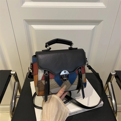Bolso de Mano de Patchwork de Cuero PU Vintage para Mujer Bloque de Color Geométrico Bolso de Hombro Con Cierre de Metal Elegante
