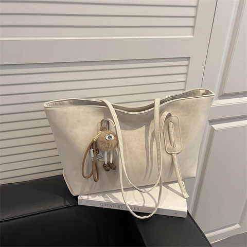 Leopard Print Large Capacity Tote Bag For Women Vintage Matte Faux Suede Shoulder Commuting Bag With Plush Pendant Handbag