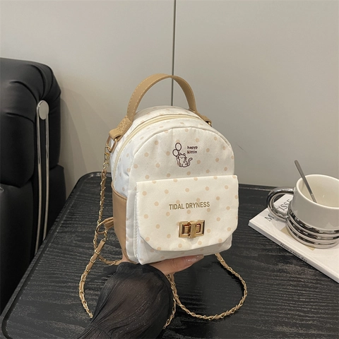 Women Mini Polka Dot Backpack Cute Cat Print Shoulder Bag With Metal Chain Strap And Twist Lock Contrast Color Travel Bag