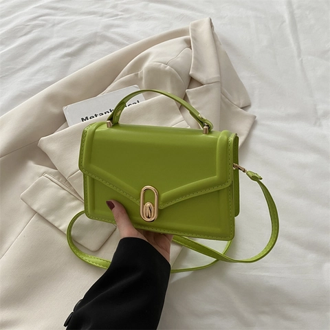 Dames PU Leren Crossbody Tas Goud Slot Handvat Schoudertas Minimalistisch Kleine Vierkante Handtas Woon-werkverkeer