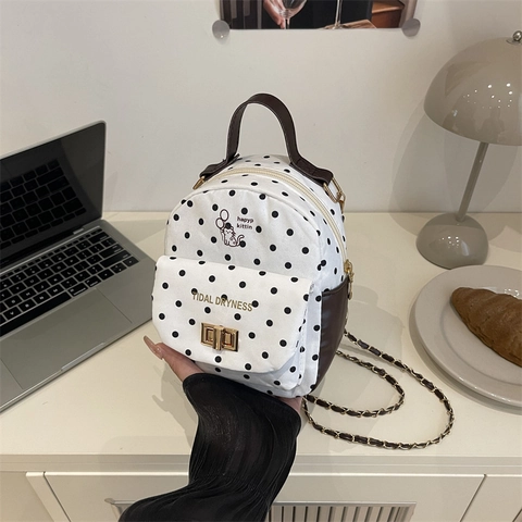 Women Mini Polka Dot Backpack Cute Cat Print Shoulder Bag With Metal Chain Strap And Twist Lock Contrast Color Travel Bag