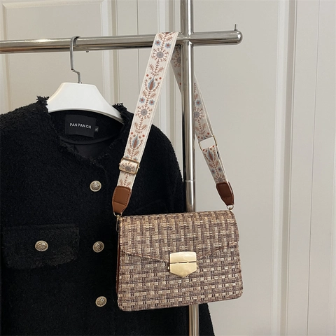 Vintage Tweed Plaid Shoulder Bag For Women Floral Embroidery Wide Strap Metal Lock Underarm Crossbody Square Bag Fashion