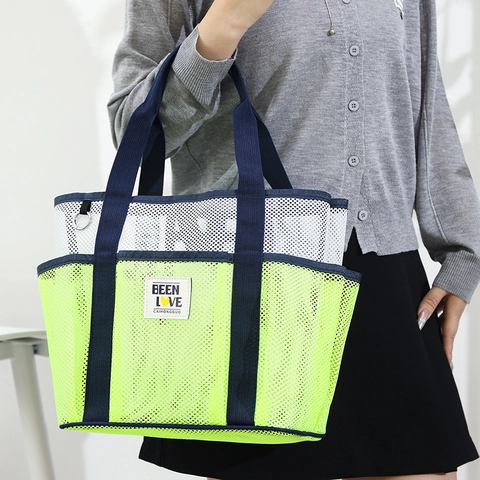 Women Large Capacity Mesh Beach Bag Portable Folding Tote Storage Bag For Swimming Gym Travel Minimalist Color Block Shoulder Bag