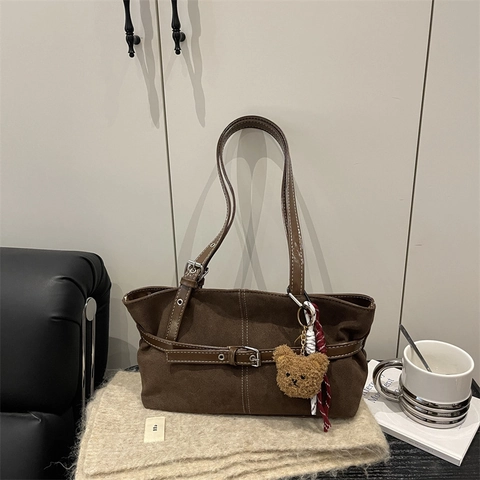 Borsa a Tracolla da Donna Vintage Grande Capacità Retro Suede Pelle PU Tote Bag Cuciture a Contrasto Casual Quotidiana Pendolare