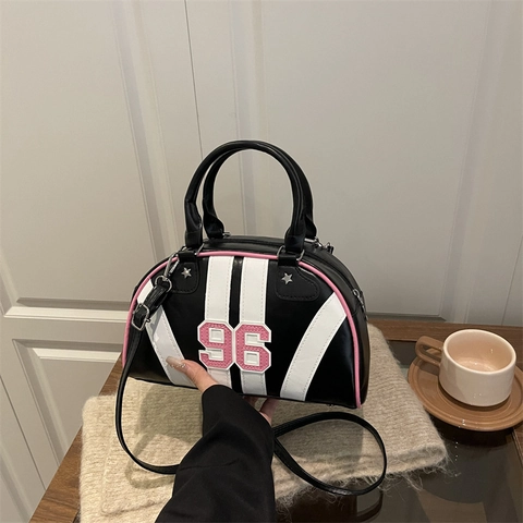 Borsa Bowling Sportiva Americana Vintage Donna Pelle PU Numero 96 Patchwork Borsa a Mano Con Borchie a Stella Tracolla