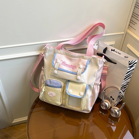 Damen Preppy-Stil Nylon Umhängetasche Große Kapazität Macaron Farbblock Mehrere Taschen Tragetasche Student Schule Pendler Umhängetasche