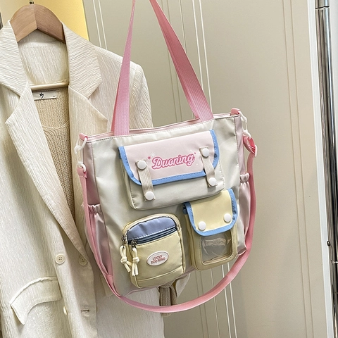 Damen Preppy-Stil Nylon Umhängetasche Große Kapazität Macaron Farbblock Mehrere Taschen Tragetasche Student Schule Pendler Umhängetasche