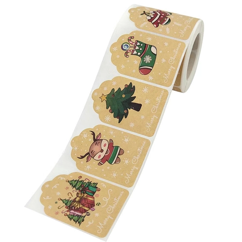 Christmas Kraft Paper Stickers Merry Christmas Rectangular Scalloped Gift Labels For Holiday Wrapping Decor DIY Craft Seals