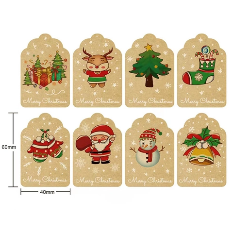 Christmas Kraft Paper Stickers Merry Christmas Rectangular Scalloped Gift Labels For Holiday Wrapping Decor DIY Craft Seals