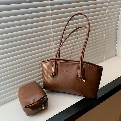 Borsa Tote e Pochette Vintage in Pelle PU Grande Capacità Con Rilievo Lettere e Dettaglio Nodo per Donna Ufficio Quotidiano