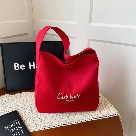 Sac Cabas de Grande Capacité en Tissu Composite Pour Femmes Impression de Lettre C'est La Vie Sac à Bandoulière Sac à Main Travail