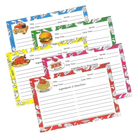 Colorful Cardstock Recipe Cards Hand Drawn Food Pattern Double Sided Non Glossy Kitchen Recording Index Cards For Cooking