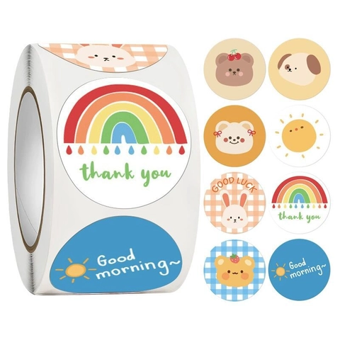 500Pcs Per Roll Cartoon Animal Thank You Reward Stickers For Kids Gift Packaging Decorative Round Adhesive Labels
