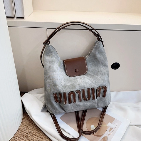 Zaino Multifunzionale in Tela Lavata e Pelle PU da Donna Borsa Tote a Spalla con Patch di Lettere Borsa Versatile Pendolare
