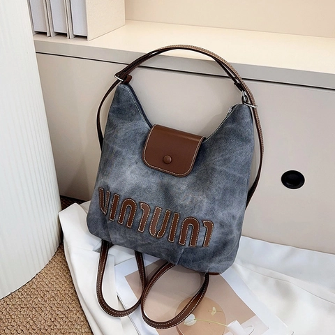 Zaino Multifunzionale in Tela Lavata e Pelle PU da Donna Borsa Tote a Spalla con Patch di Lettere Borsa Versatile Pendolare