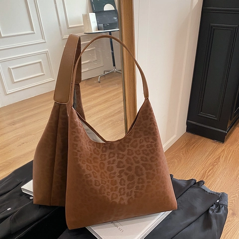 Sac Cabas Imprimé Léopard Rétro Grande Capacité PU Suède Sac à Épaule Hobo Pour Femmes Navette Quotidienne Style Urbain