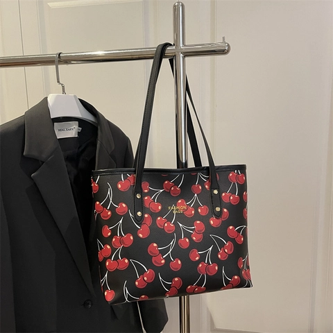 Damen Kirschdruck Tragetasche PU Leder Große Kapazität Umhängetasche Trendy Mode Handtasche Für Den Täglichen Weg Zur Arbeit