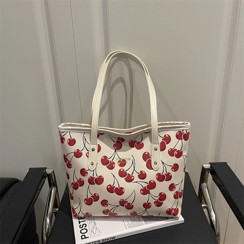 Damen Kirschdruck Tragetasche PU Leder Große Kapazität Umhängetasche Trendy Mode Handtasche Für Den Täglichen Weg Zur Arbeit