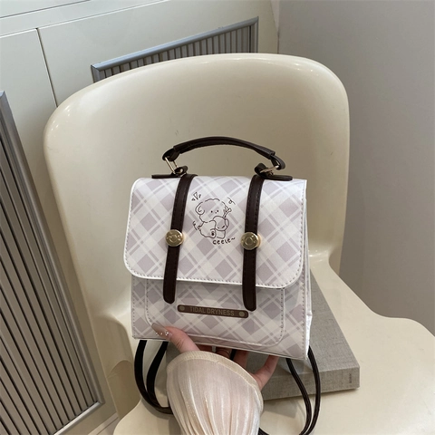 Women Plaid Small Square Bag PU Leather Cartoon Dog Print Shoulder Crossbody Bag Top Handle Vintage Korean Style Messenger Bag
