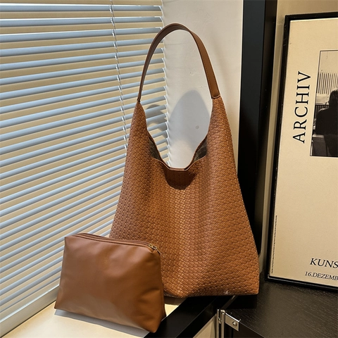 Damen Minimalistische PU Leder Gewebte Einkaufstasche Große Kapazität Hobo Umhängetasche Mit Kleiner Tasche Retro Schick Handtasche