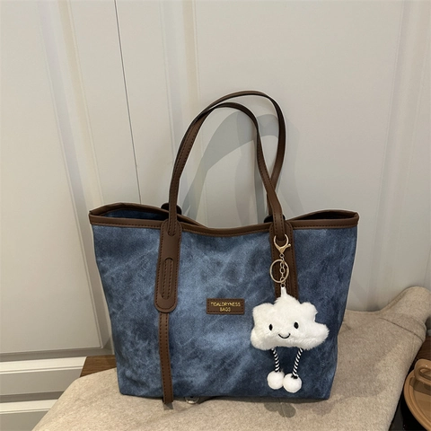 Γυναικεία Τσάντα Tote Μεγάλης Χωρητικότητας Vintage Denim Καμβάς Τσάντα Ώμου Με Καφέ Συνθετικό Δέρμα Και Κρεμαστό Σύννεφο Smiley