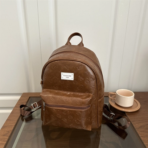 Zaino in Pelle PU Con Goffratura a Gatto Retrò per Donna Grande Capacità Moda Niche Borsa per Scuola Pendolare Marrone Nero Caffè