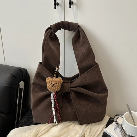 Sac Cabas Spacieux à Nœud Femme Navettage Bandoulière Doux Rétro Texture Suède Sac à Main Décontracté Quotidien