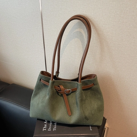 Large Capacity PU Suede Texture Tote Bag Retro Casual Shoulder Bag With Buckle Commuter Handbag For Women Solid Color Bag