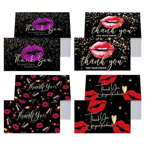 Black Thank You For Supporting My Small Business Cards With Lip Prints Gold Glitter Makeup Style Appreciation Gift Card