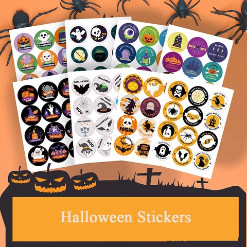 Halloween Round Stickers Pumpkin Ghost Bat Skull Patterns Cartoon Self Adhesive Labels For Baking Candy Gift Wrapping Party Decorations