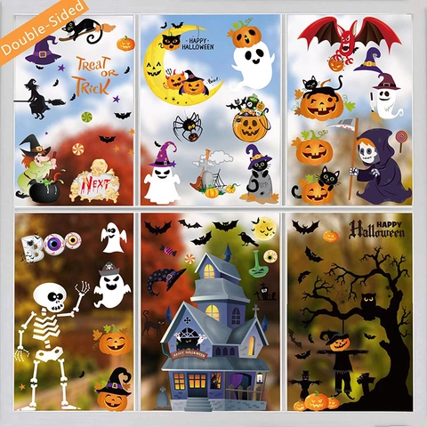 Halloween Window Stickers Static Cling PVC Decals Double Sided Removable Wall Decor For Party Haunted House Pumpkin Witch Ghost