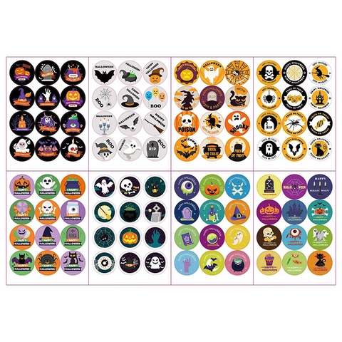 Halloween Round Stickers Pumpkin Ghost Bat Skull Patterns Cartoon Self Adhesive Labels For Baking Candy Gift Wrapping Party Decorations