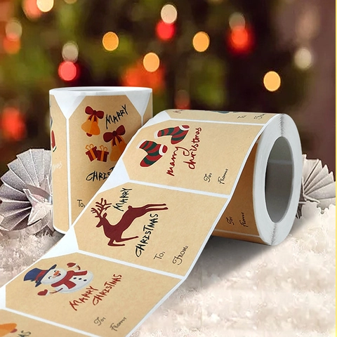 Christmas Kraft Paper Sticker Roll Holiday Gift Labels Snowman Reindeer Patterns To From Tags For Present Packaging