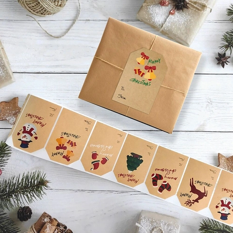 Christmas Kraft Paper Sticker Roll Holiday Gift Labels Snowman Reindeer Patterns To From Tags For Present Packaging