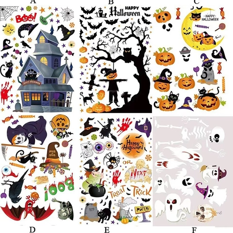 Halloween Window Stickers Static Cling PVC Decals Double Sided Removable Wall Decor For Party Haunted House Pumpkin Witch Ghost