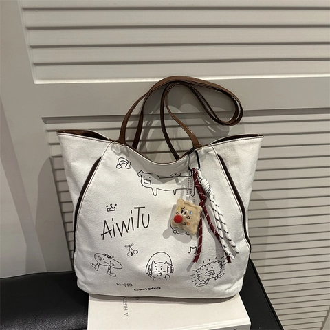Borsa Tote da Donna in Tela e Scamosciato Grande Capacità con Stampa Scarabocchio Cartoon Hand Drawn Tracolla con Ciondolo Peluche