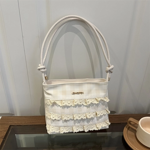 Sac à Épaule Femme Doux Vintage Volants en Dentelle à Étages Carreaux Cuir PU Sac Sous le Bras Avec Bandoulière Nouée Fête