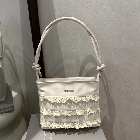 Women Vintage Lace Patchwork Underarm Bag Faux Leather Plaid Pattern Shoulder Bag Sweet Style Handbag For Daily Travel
